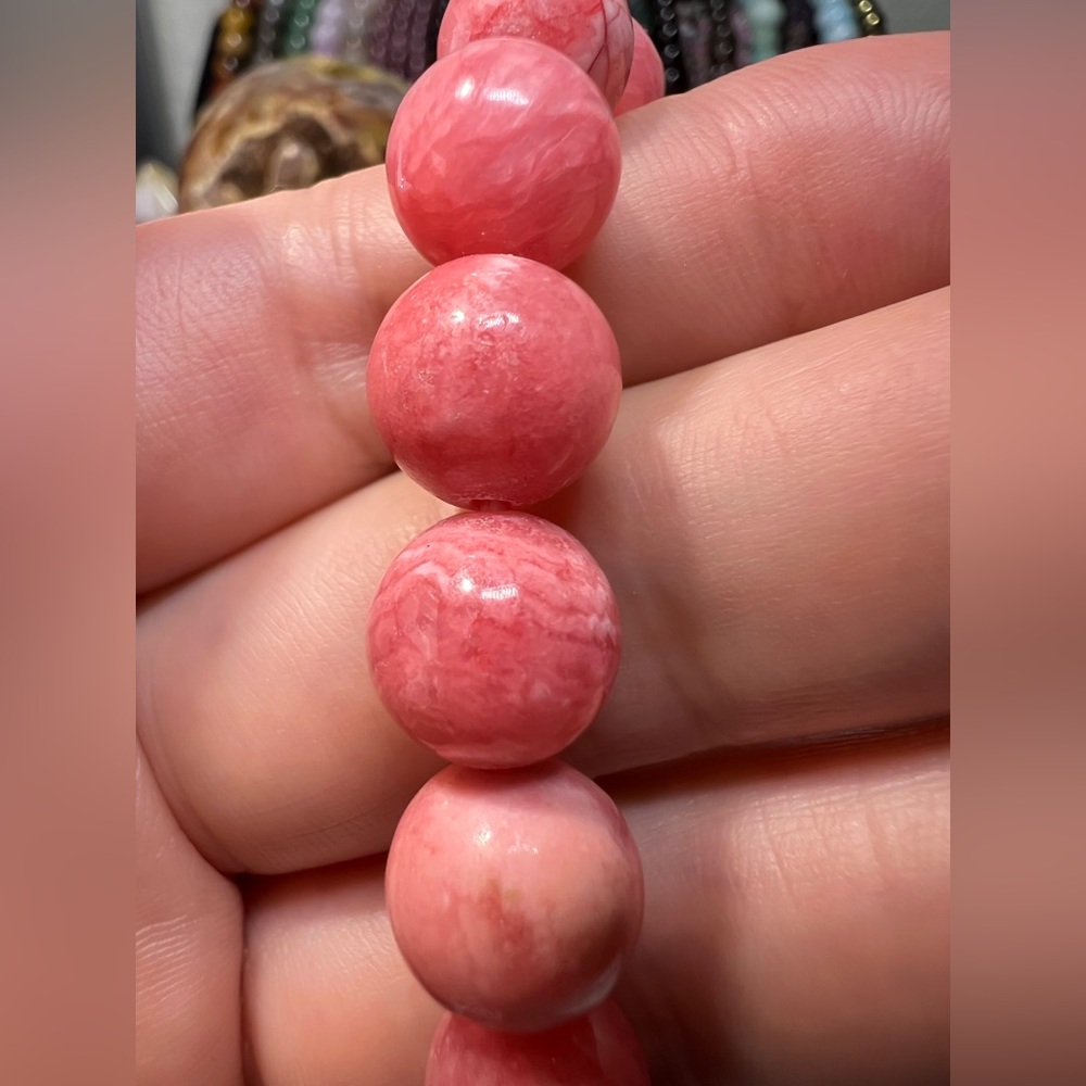 10MM Rhodochrosite Beaded Bracelet 6.76” Natural Pink Crystal Quartz Love Stone - Picture 9 of 12